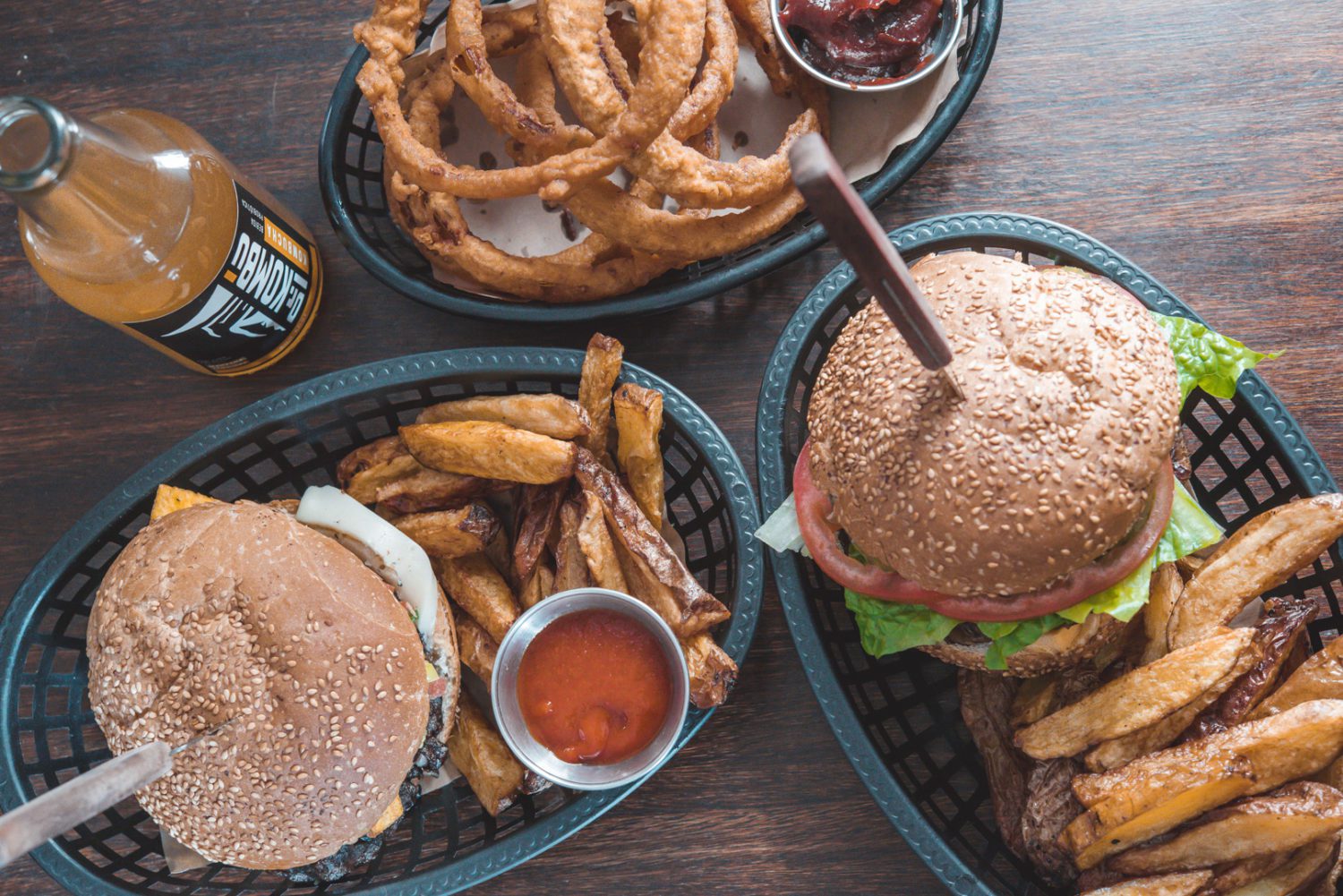 Plant-based vegan burgers and onion rings