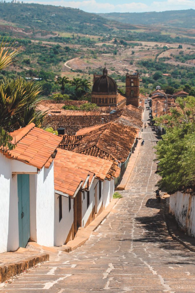 Church and streets in Barichara Colombia