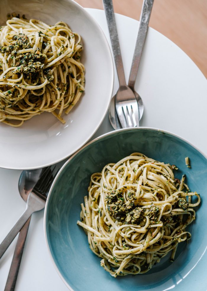 The Ultimate Vegan Pesto Pasta Recipe - Roam and Thrive