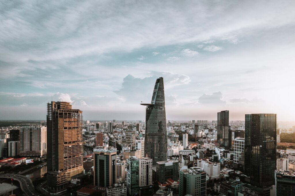 drone shot of the city of ho chi minh city in vietnam