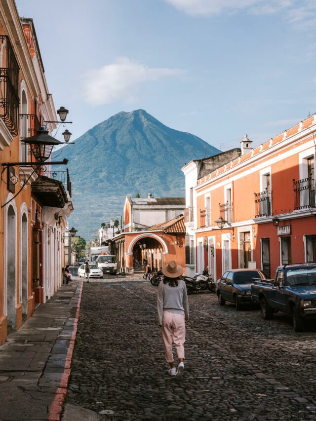 woman and volcano view in Antigua Guatemala