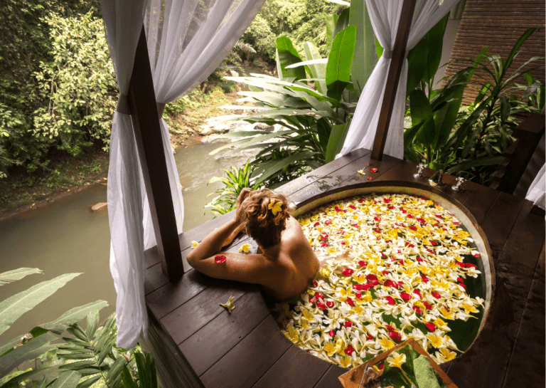 woman in a flower bath in Bali