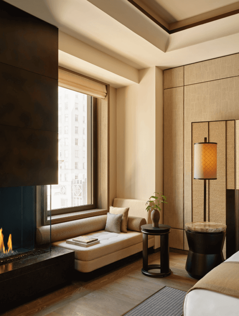 luxury minimal hotel room with fireplace