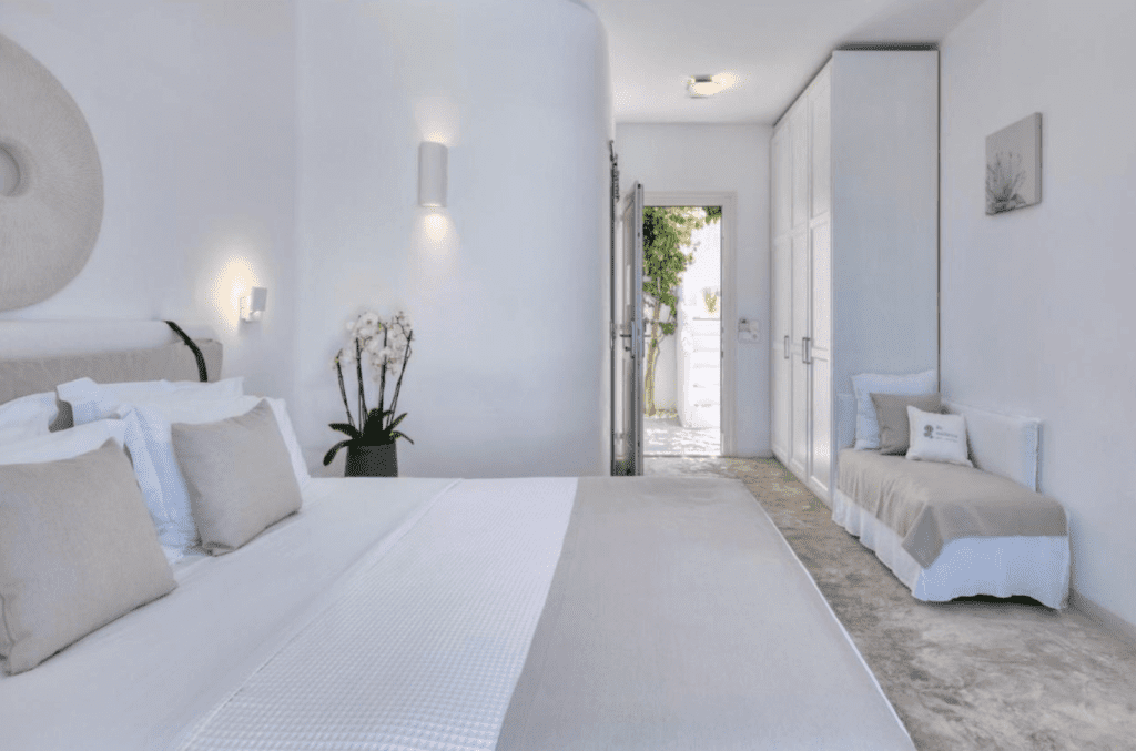 luxury white hotel room in Paros Greece