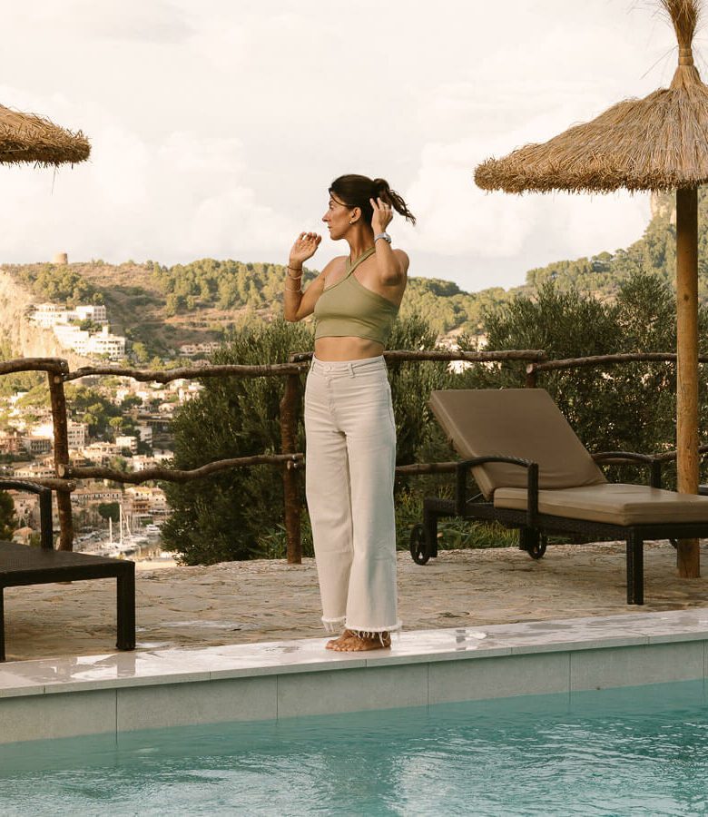 woman by the pool on mallorca yoga retreat
