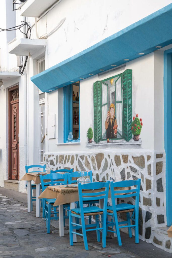 a blue and white table restaurant in Skiathos Greece