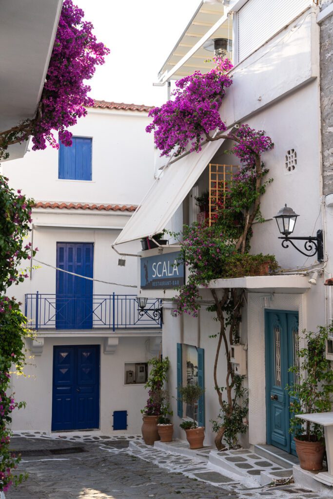 beautiful street in Skiathos town, Greece