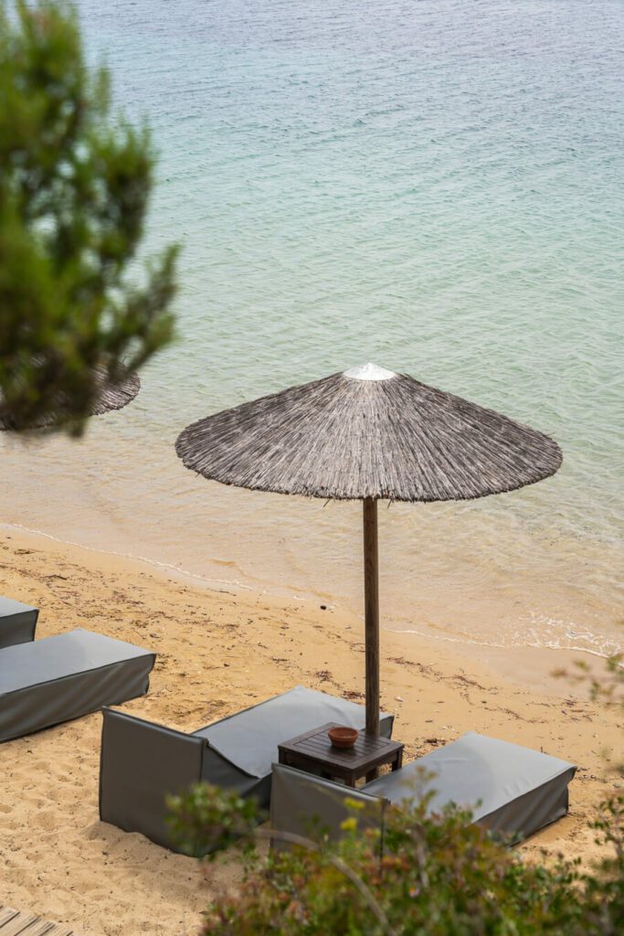 Skiathos Greece, beach umbrells and sunbeds