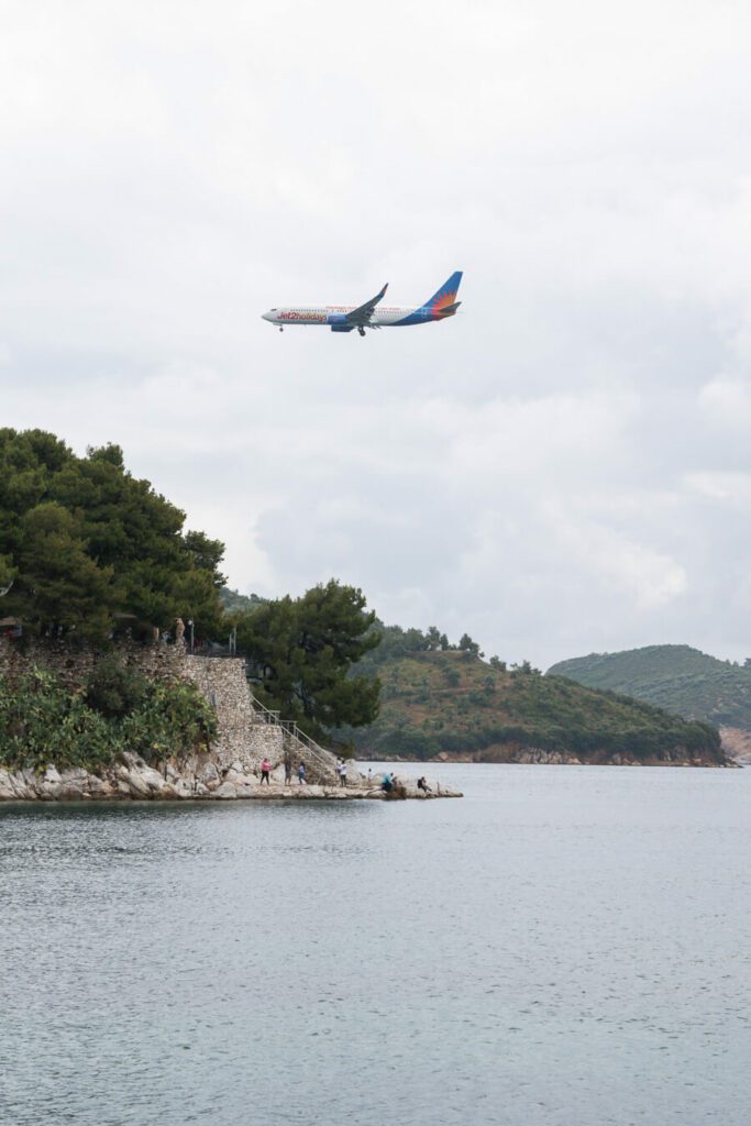 plane landing in Skiathos, Greece