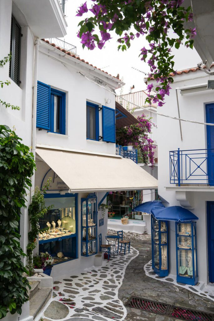 White buildings and blue shutters in Skiathos island
