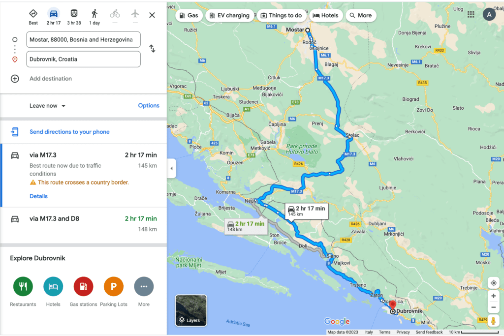 map for day trips from Dubrovnik to Mostar, Bosnia