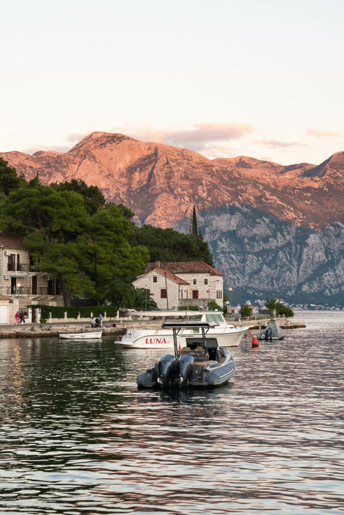 Perast Montenegro at sunset. A perfect moment on a montenegro itinerary