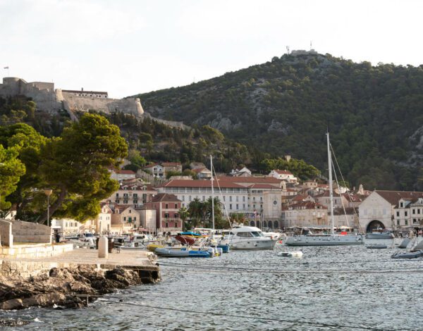 view of Hvar town and Spanish fortress at sunrise