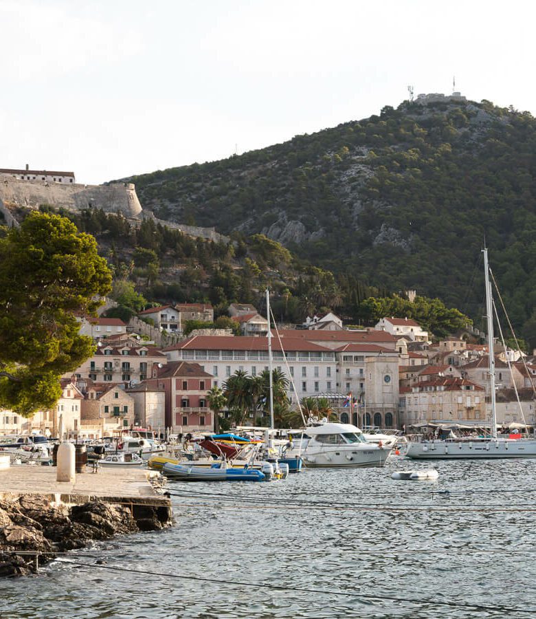 view of Hvar town and Spanish fortress at sunrise