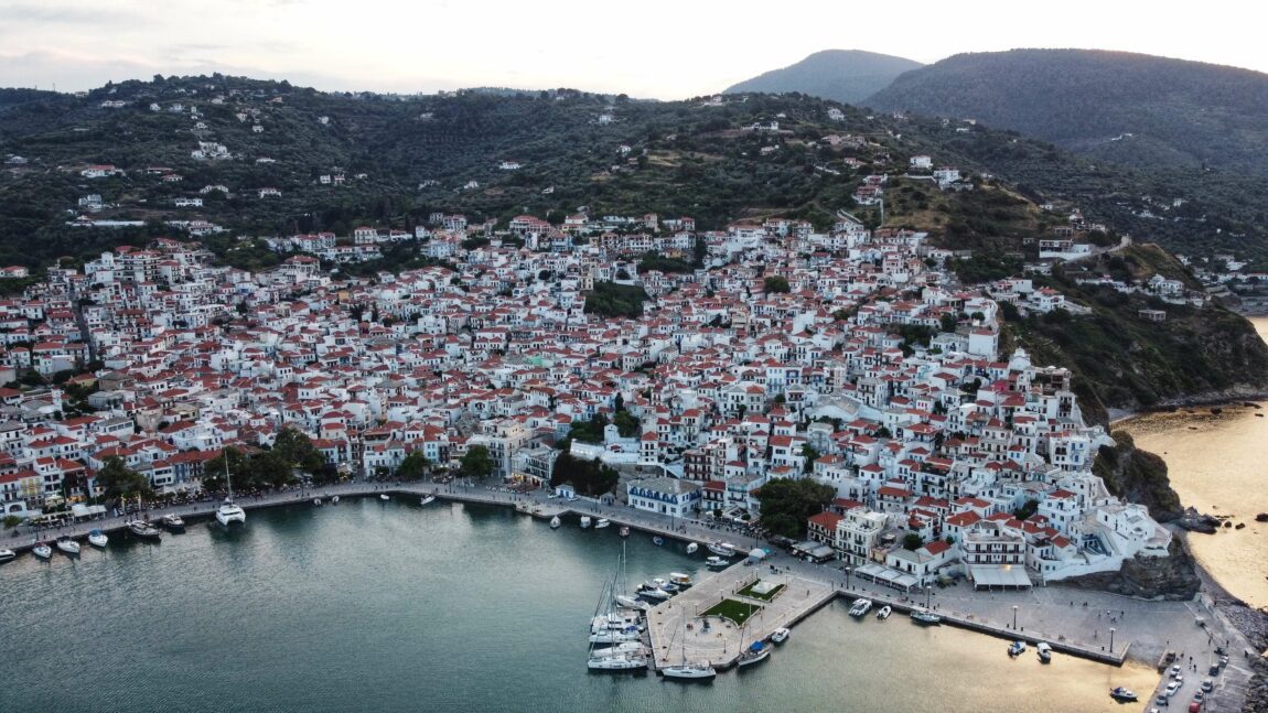 drone shot over Skopelos town