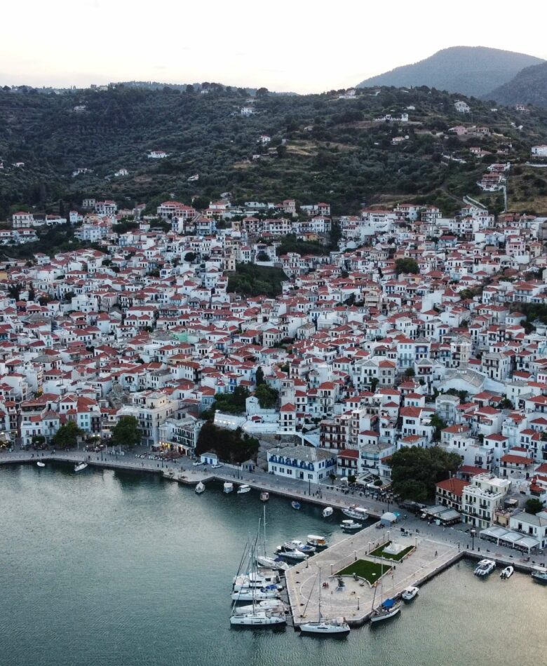 drone shot over Skopelos town