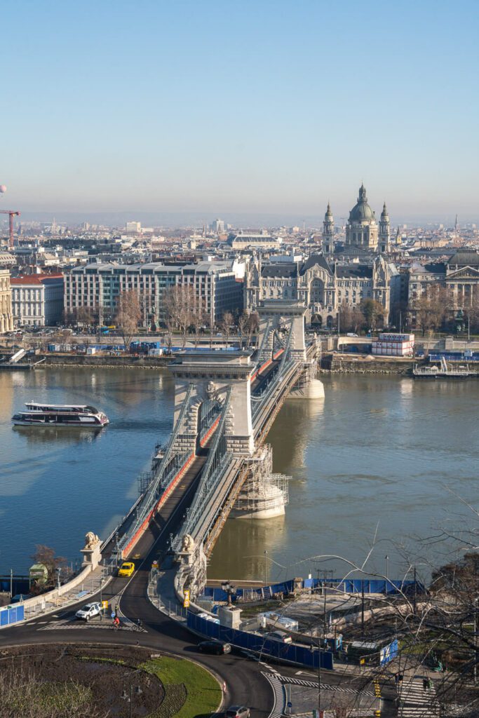 famous bridge over the Danube river Budapest in winter