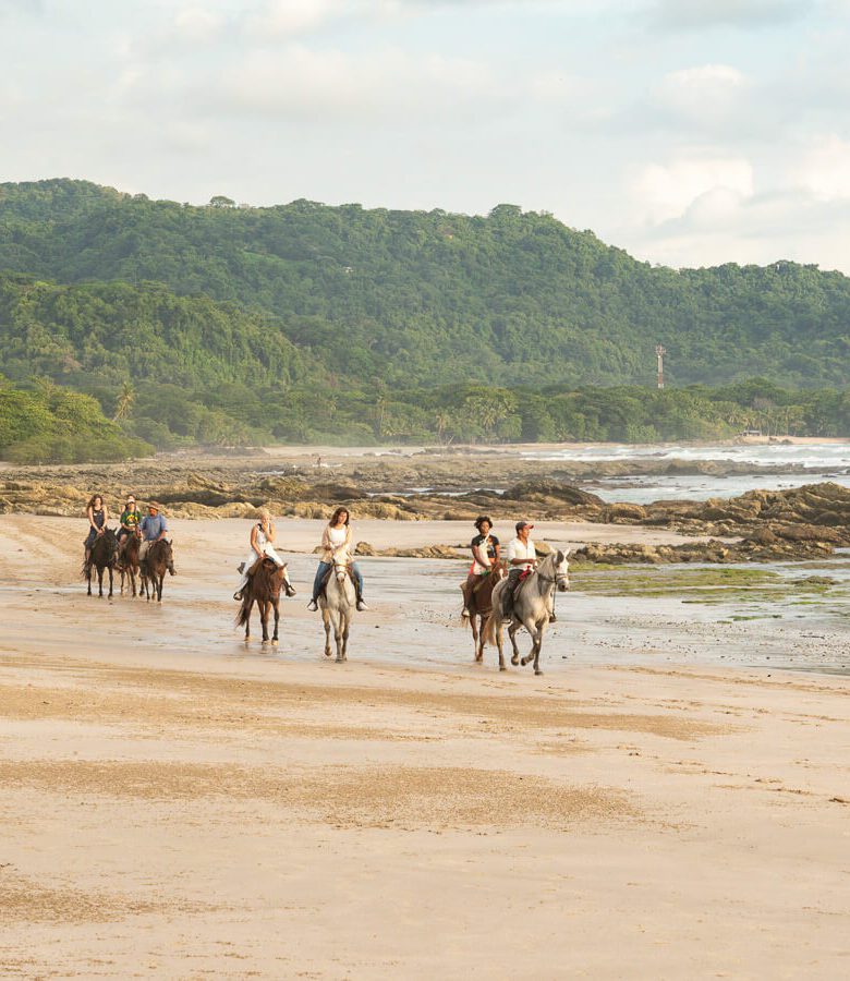 group horse riding on a beach in Costa Rica