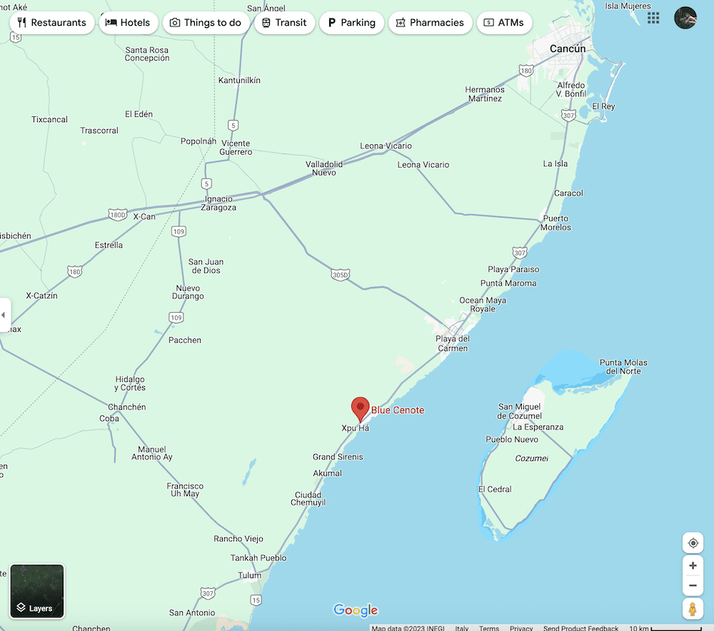map showing location of Cenote Azul Playa del Carmen