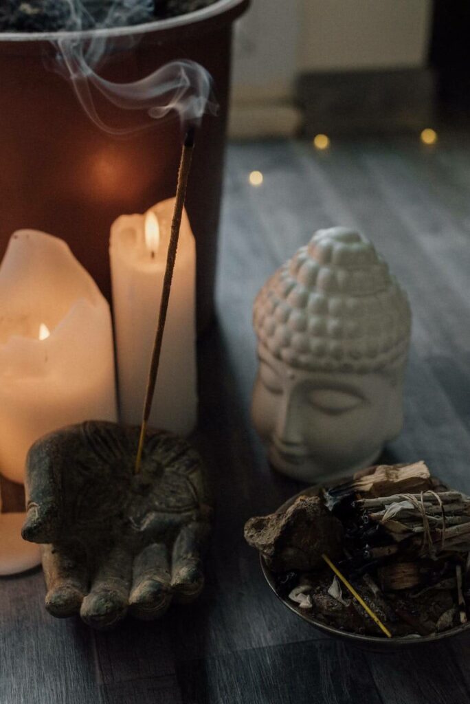 incense and decorative items for a meditation retreat