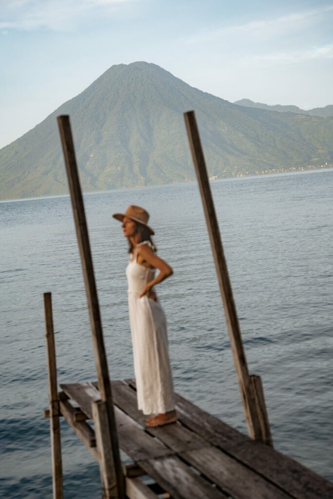woman on pier at Lake Atitlan during guatemala itinerary
