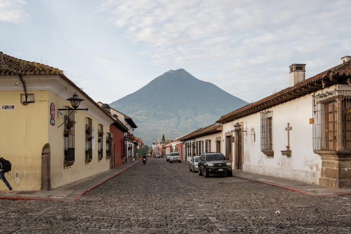 street in Antigua Guatemala with volcano