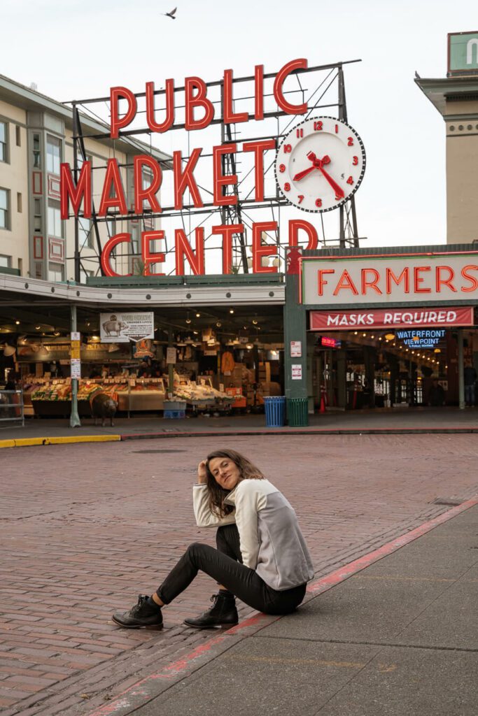 woman outside Pike Place Market, Seattle
