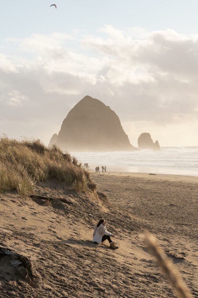 cannon beach at sunset, a stop on oregon coast day trip from portland