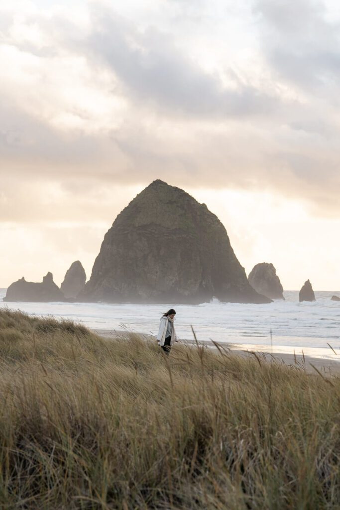 haystack rock at sunset, cannon beach, or