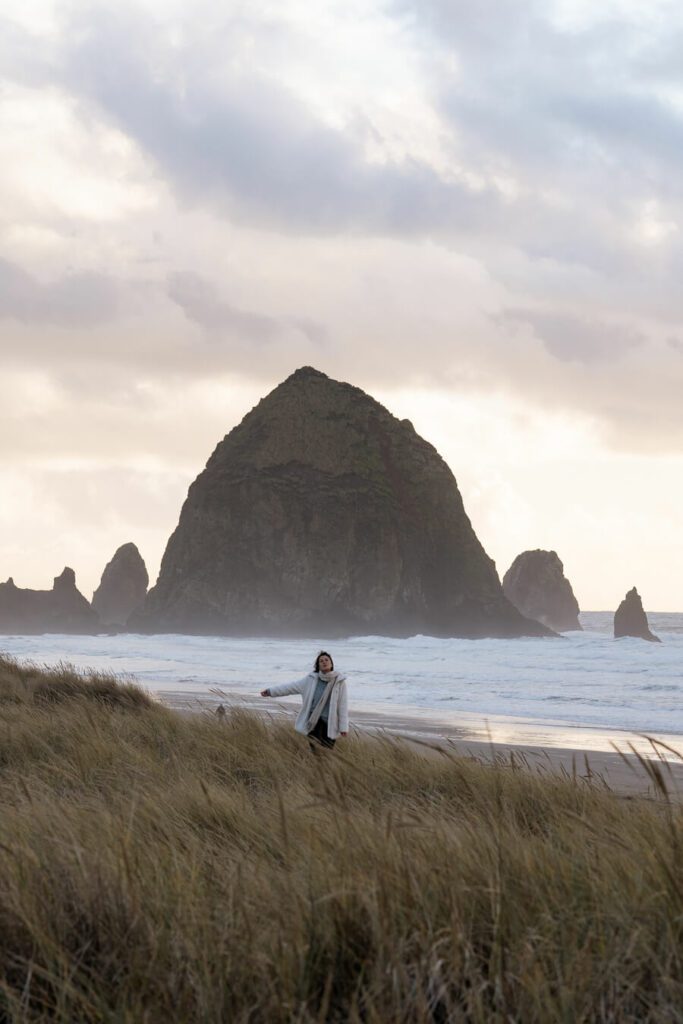 haystack rock at sunset, cannon beach