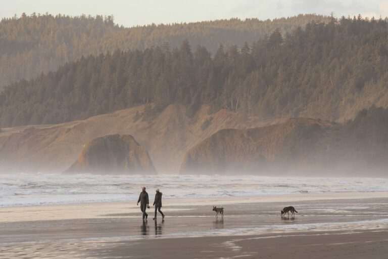 dog walkers on cannon beach or