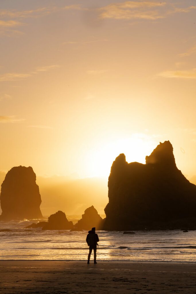 sunset light through sea stacks on cannon beach or