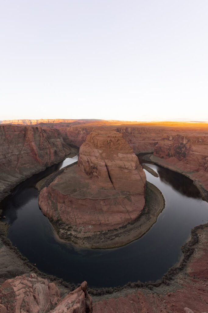horseshoe bend sunrise as the sun begins to come up over the horizon