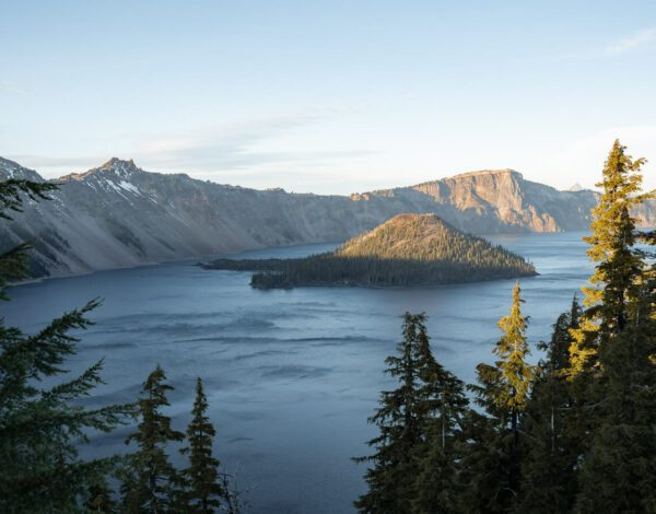 crater lake with island panorama