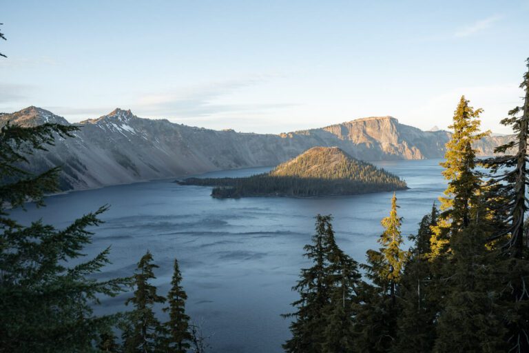 crater lake with island panorama