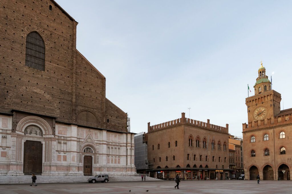 Piazza maggiore, bologna italy at sunrise