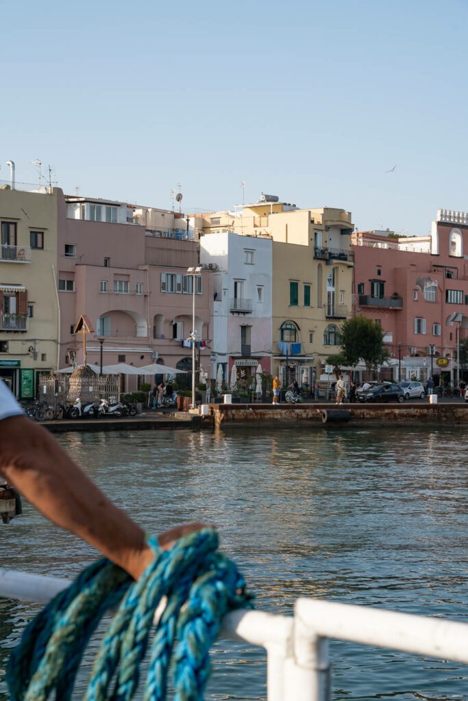 arrival in procida on the ferry from naples
