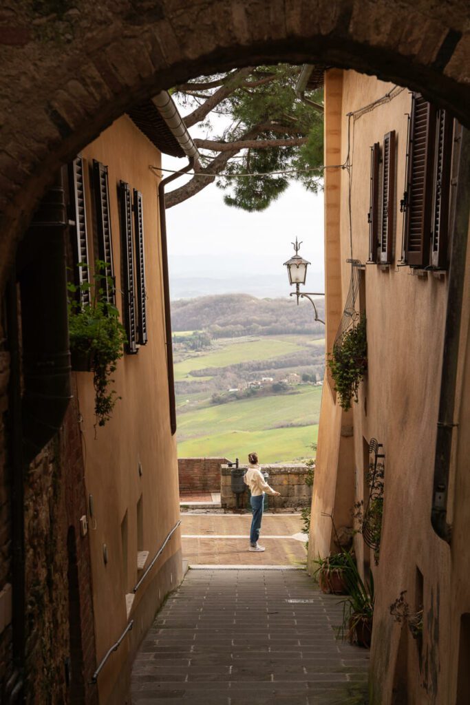 woman, me at the end of an alley in montepulciano tuscany