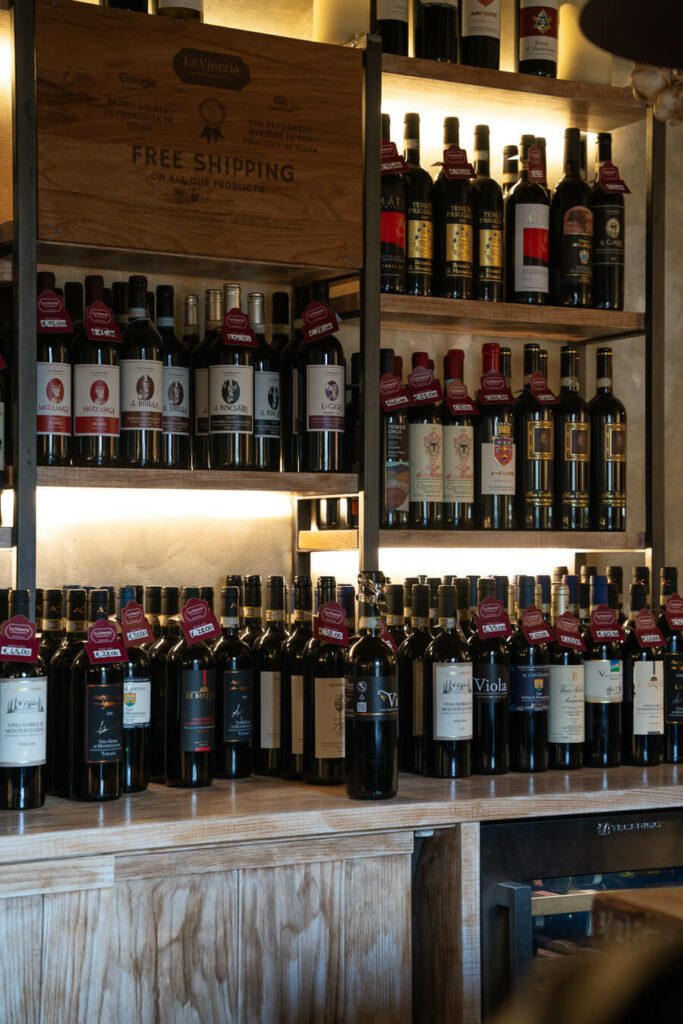 selection of wine in montepulciano at a wine bar
