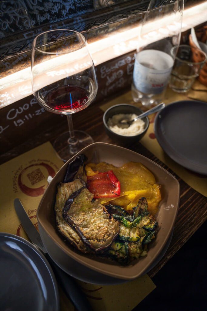 lunch in montepulciano- roasted vegetables and red wine