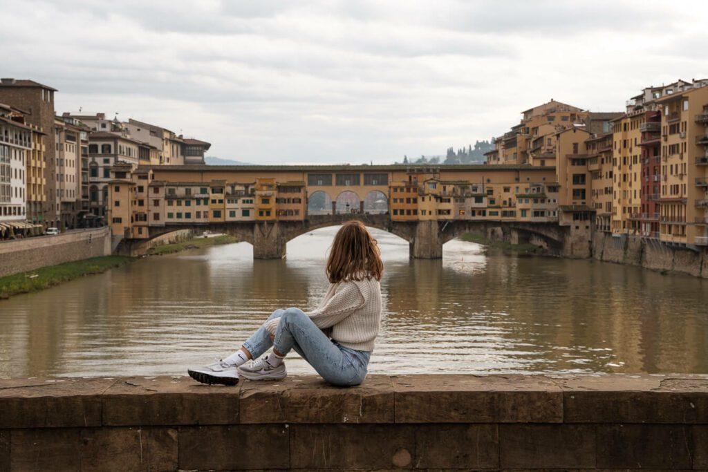 woman me at the ponte vecchio viewpoint, florence