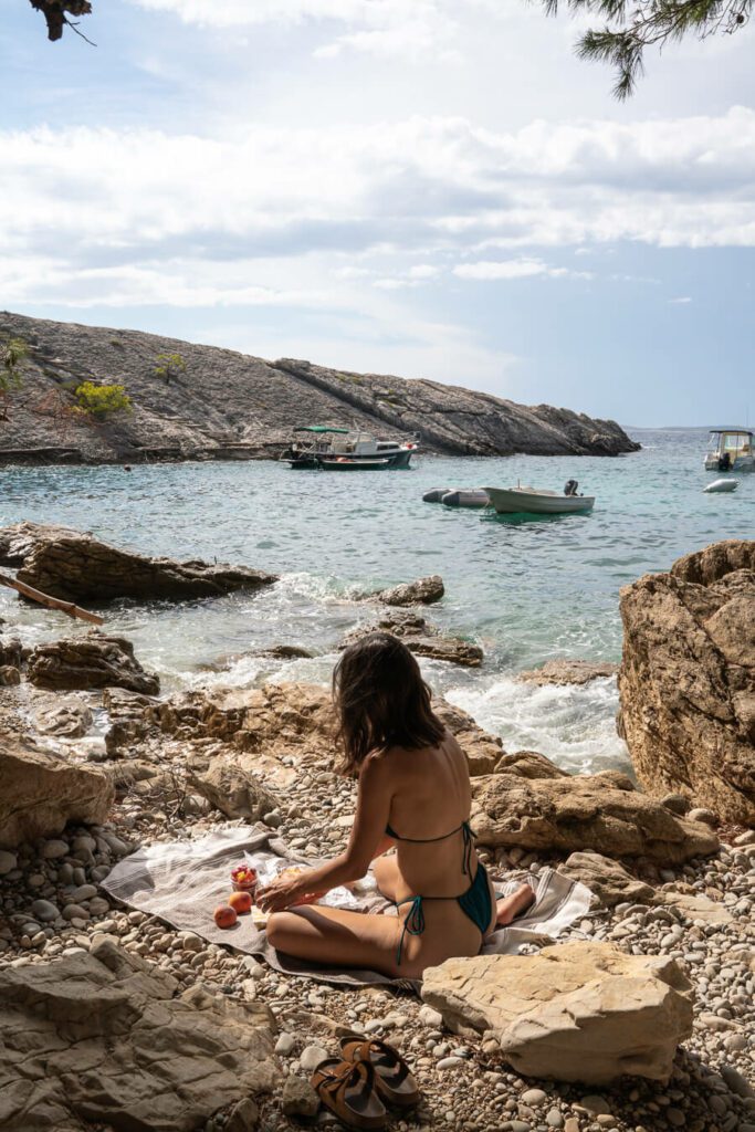 woman, me with a picnic on Malo Zaraće Beach hvar