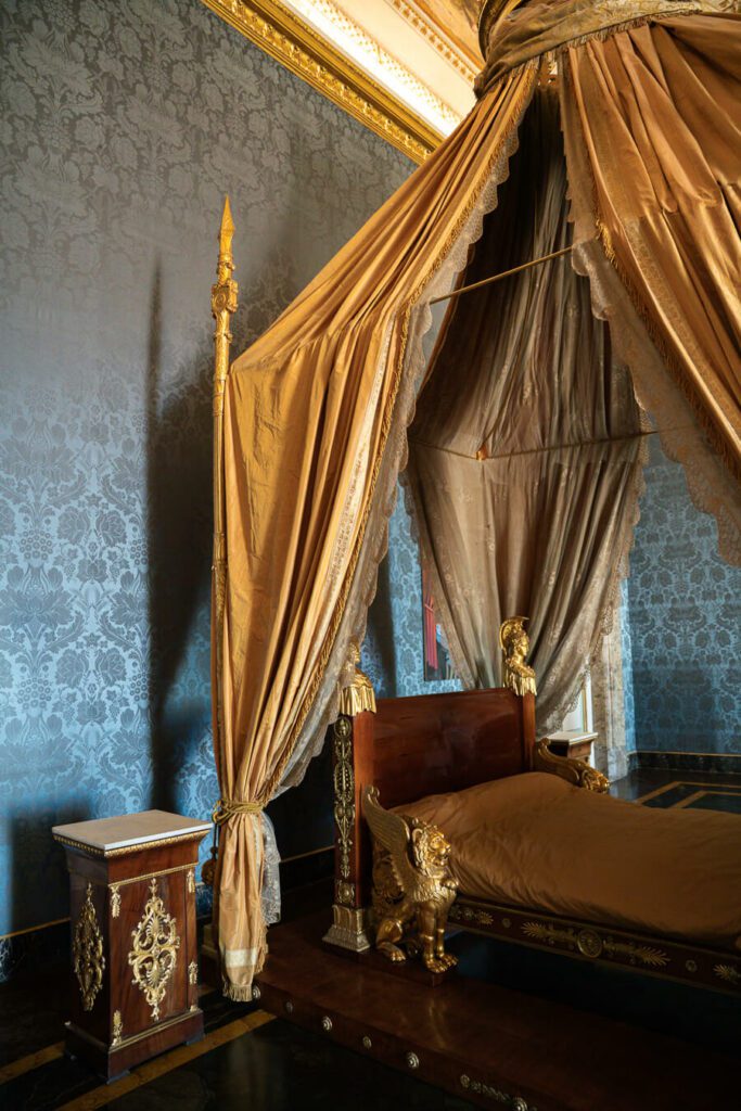 ornate bedroom details and furniture in a royal palace