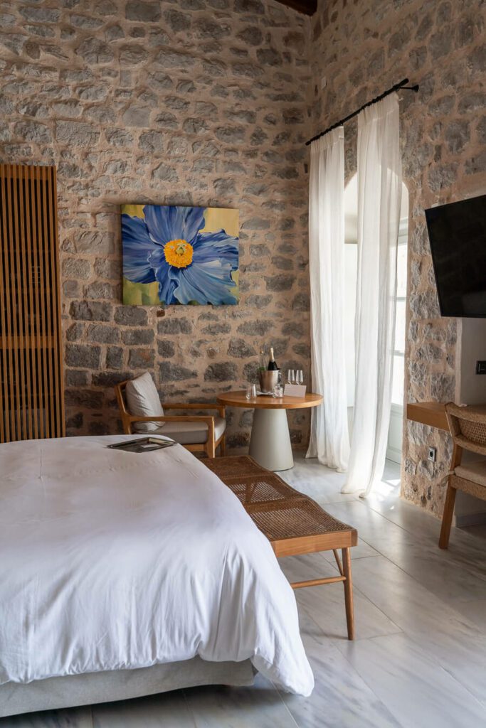 a suite at Mandraki resort with artwork by Angelika Lialios