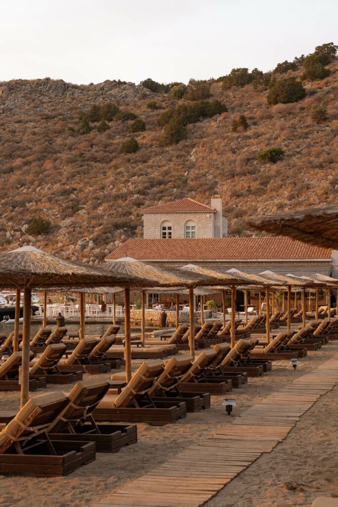 mandraki beach resort and beach club at sunset