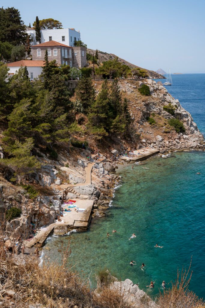 looking down on avlaki beach hydra greece