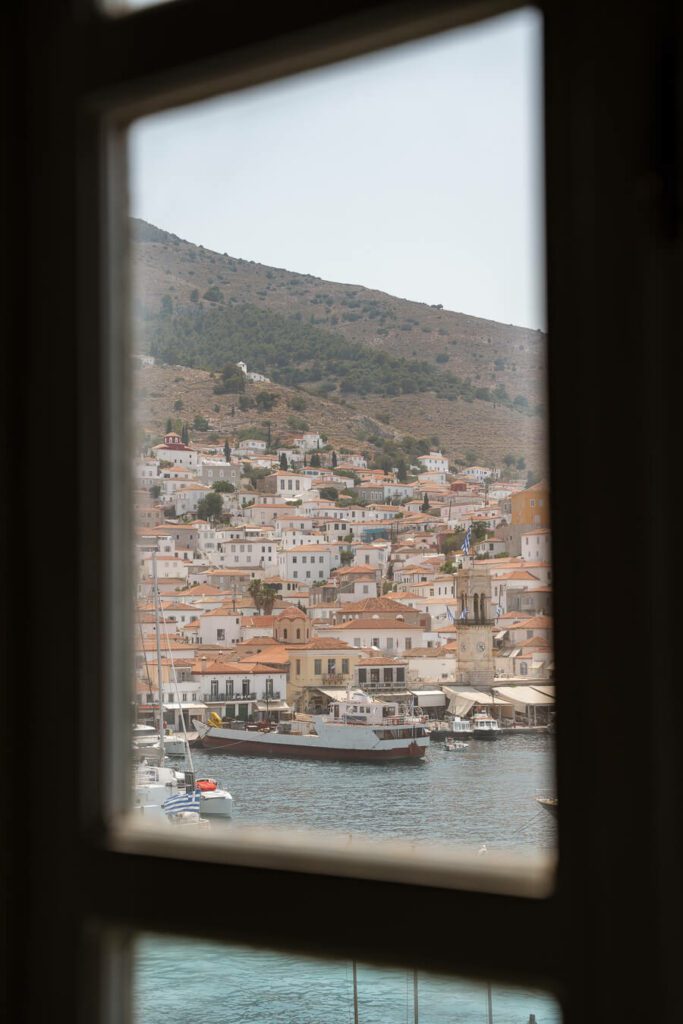 view of hydra town through window