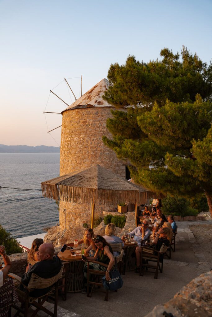 sunset in hydra at windmill bar