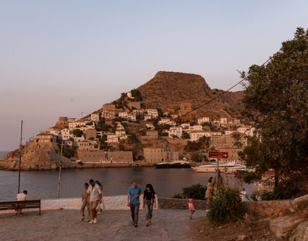 sunset pink skies in hydra greece