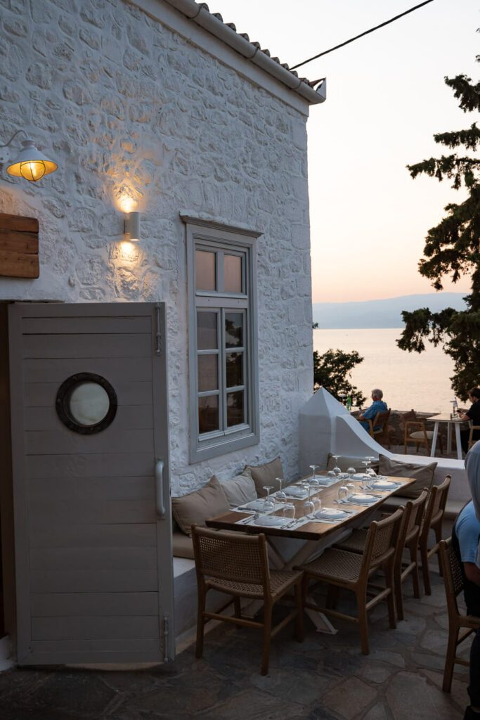 techne restaurant hydra greece at sunset